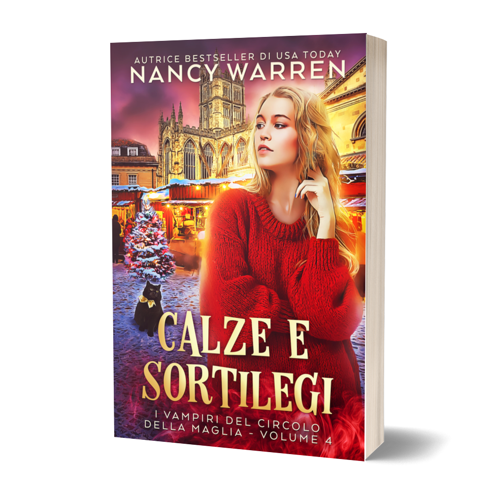 Italian paperback book cover for 'Calze e Sortilegi' by Nancy Warren, featuring a woman in a red sweater in front of a Christmas market and cathedral at dusk, shown as a 3D mockup on a white background.
