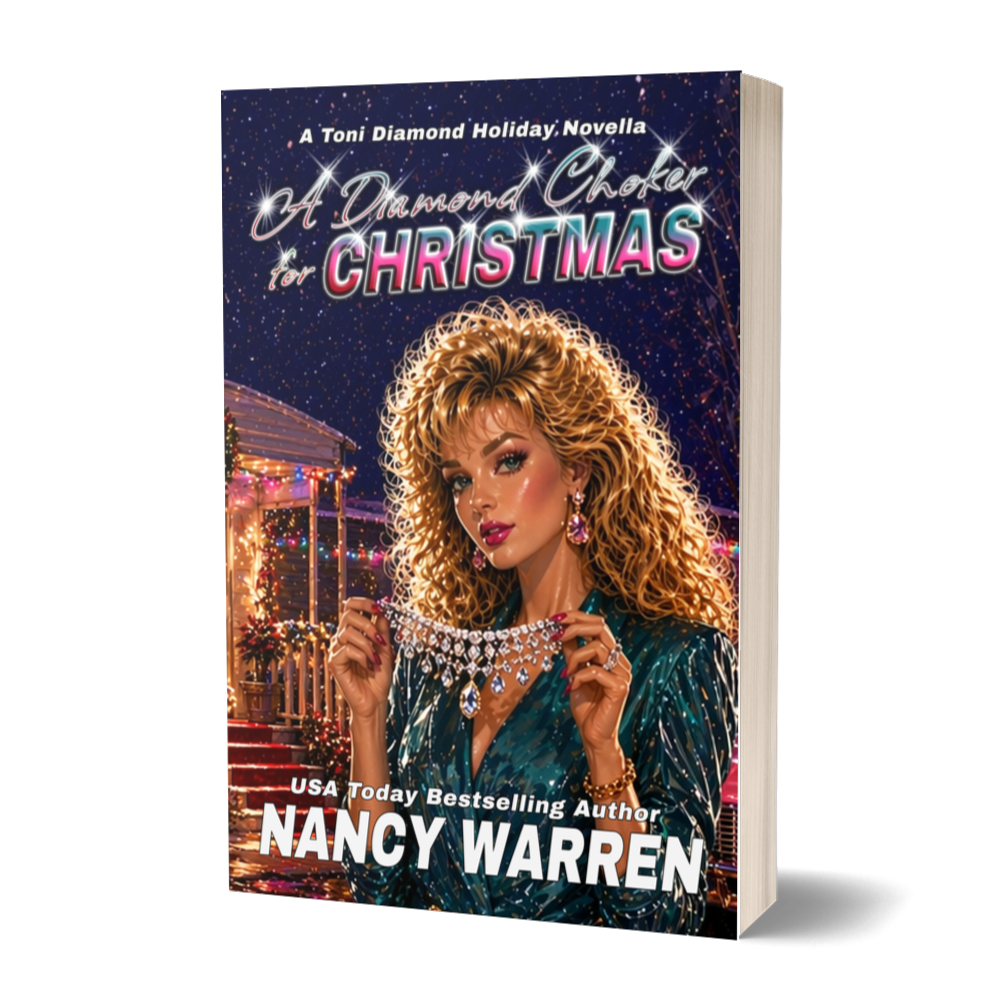 Book cover of 'A Diamond Choker for Christmas' by Nancy Warren with a woman holding a diamond necklace.