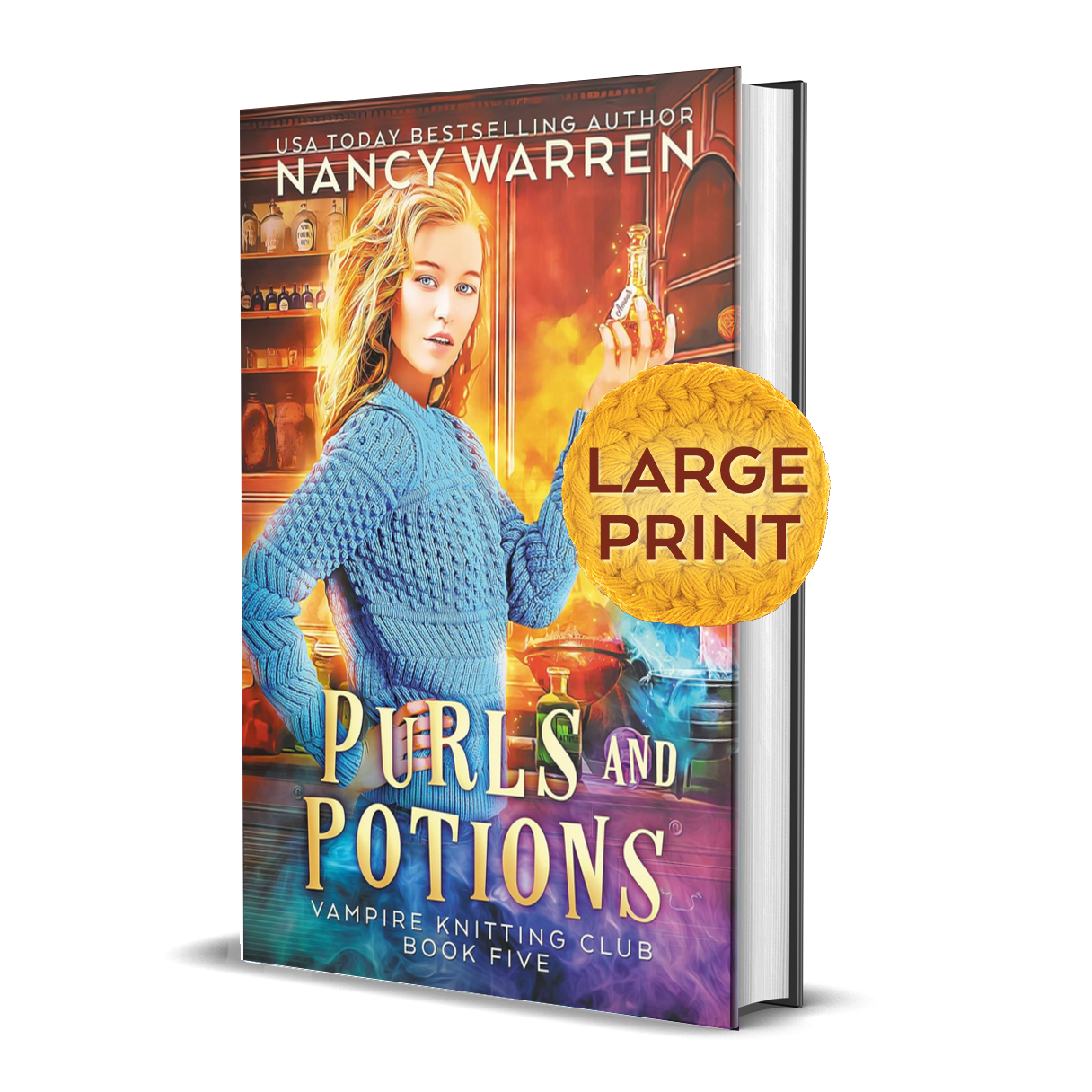 Hardback Book titled 'Purls and Potions' by Nancy Warren with a large print label on a white background