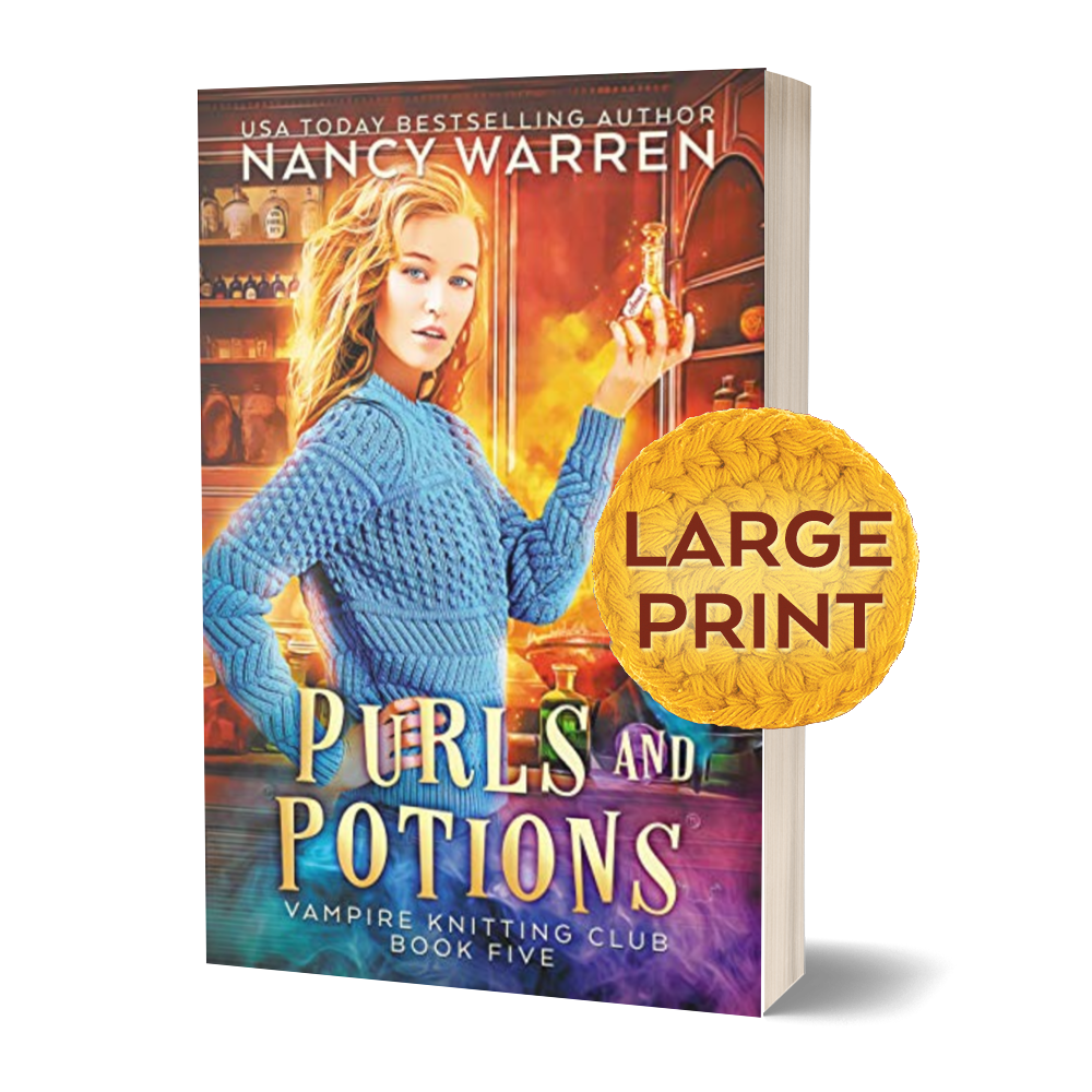 Large Print Book titled 'Purls and Potions' by Nancy Warren with a large print label on a white background