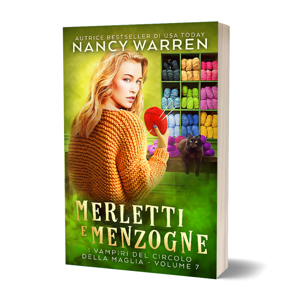 Book cover for 'Merletti e Menzogne' by Nancy Warren, featuring a blonde woman in a chunky orange knit sweater holding red yarn, with shelves of colorful yarn in the background and a black cat on the shelf. The book is shown as a 3D mockup against a white background.