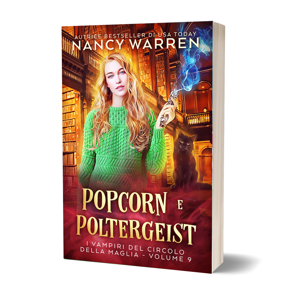 The cover of Popcorn e Poltergeist by Nancy Warren, book 9 in the I Vampiri del Circolo della Maglia series