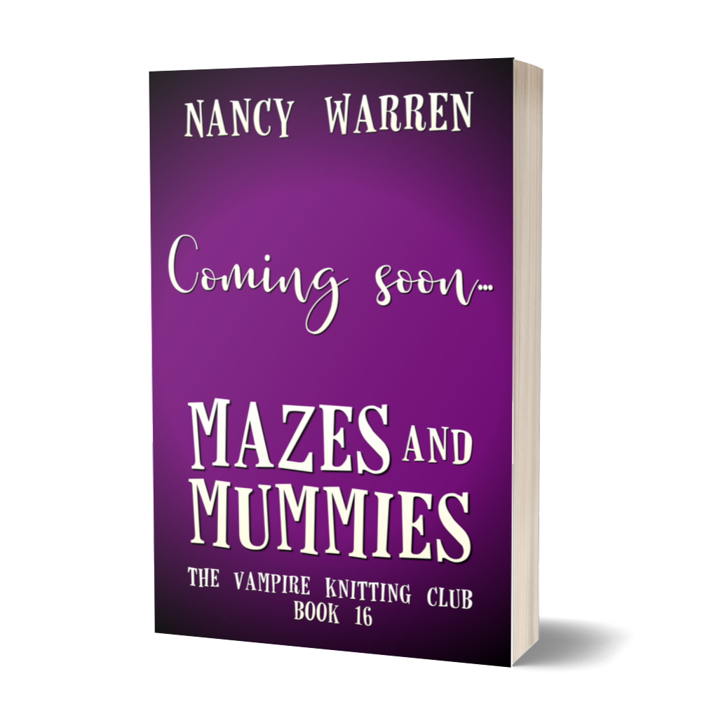 A 3D book cover mockup for Mazes and Mummies by Nancy Warren - Coming soon.