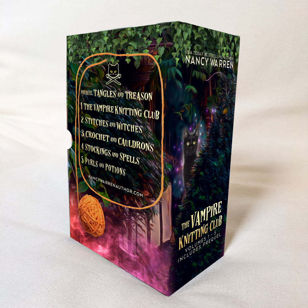 Book titled 'The Vampire Knitting Club' by Nancy Warren on a white background