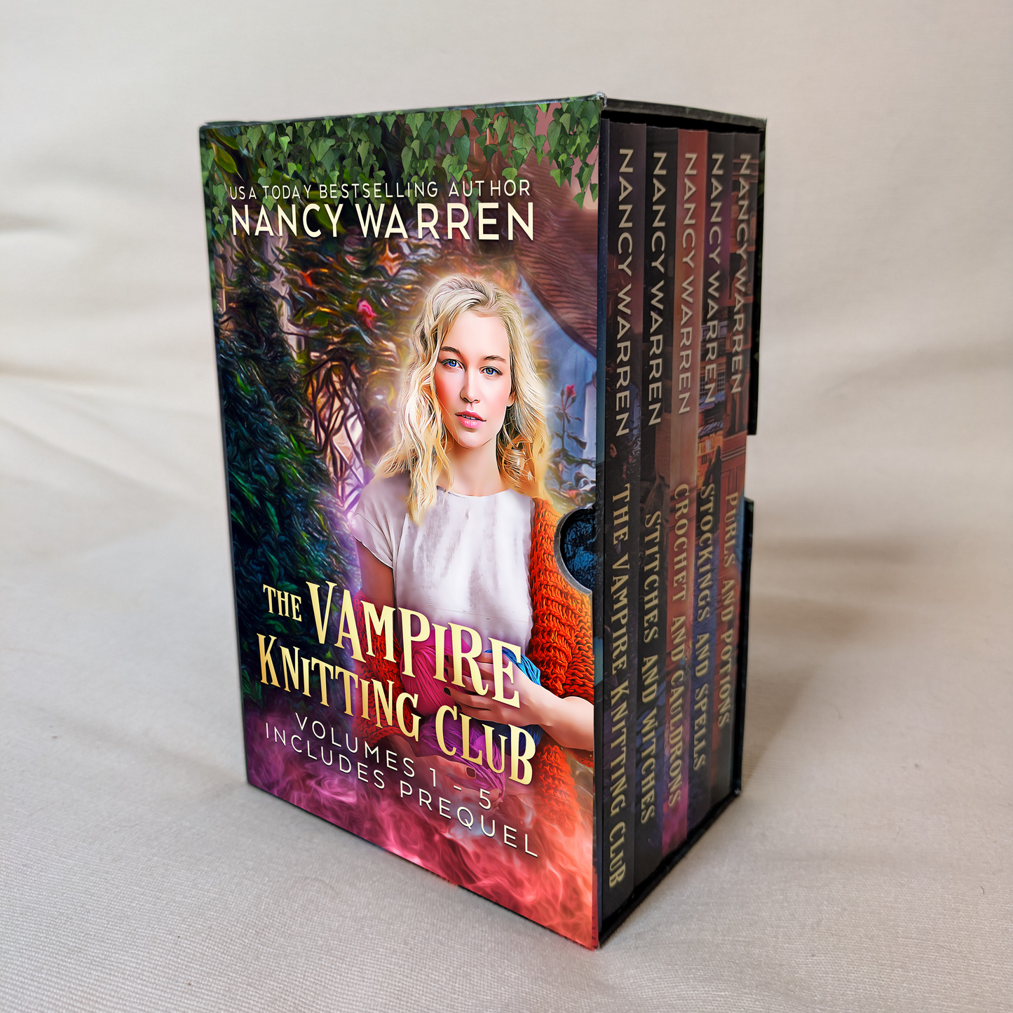 Collection of books titled 'The Vampire Knitting Club' by Nancy Warren on a light background