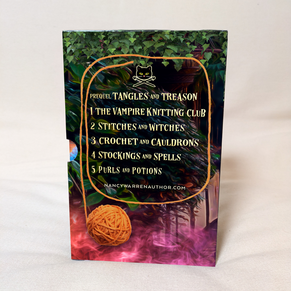 Book cover with text and a ball of yarn on a white background