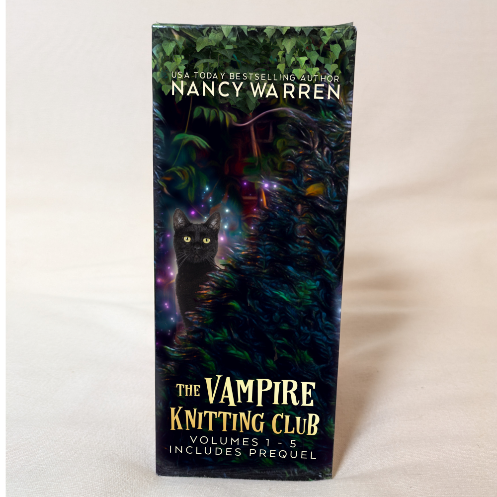 Book titled 'The Vampire Knitting Club' by Nancy Warren on a white background