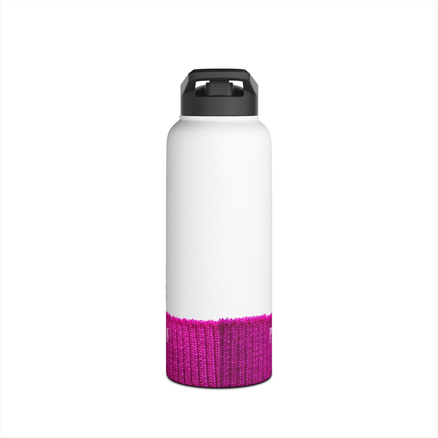 A white insulated water bottle with a black flip-top lid and a bright pink knit-texture band near the bottom, shown on a plain white background.