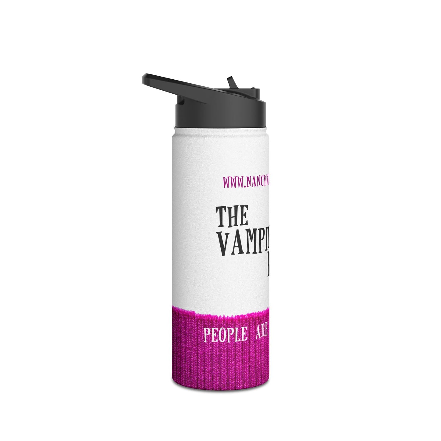 A white insulated travel tumbler with a black flip-top lid, featuring a magenta knit-texture style band at the bottom and partial black and magenta printed text on the front, shown on a plain white background.