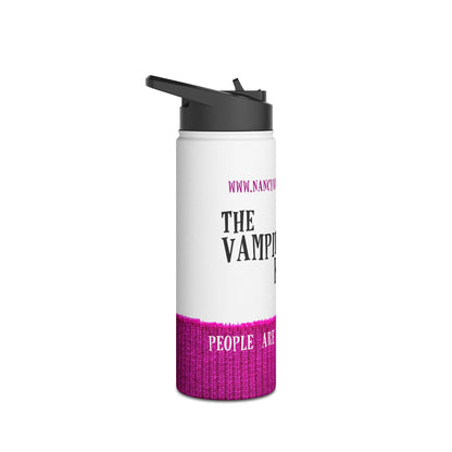 A white insulated travel tumbler with a black flip-top lid, featuring a magenta knit-texture style band at the bottom and partial black and magenta printed text on the front, shown on a plain white background.