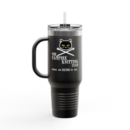 Vampire Knitting Club Insulated Large Travel Mug, 40oz (6 different colors). Exclusive Vampire Knitting Club merchandise from Nancy Warren.
