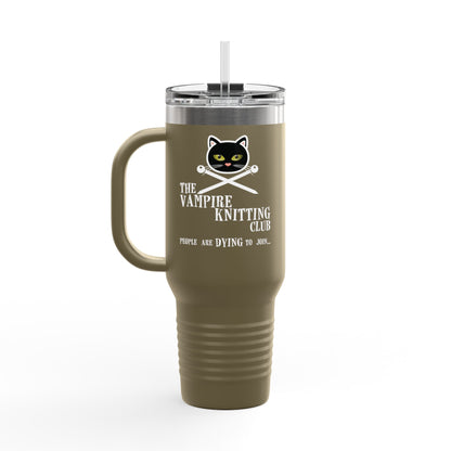Vampire Knitting Club Insulated Large Travel Mug, 40oz (6 different colors). Exclusive Vampire Knitting Club merchandise from Nancy Warren.