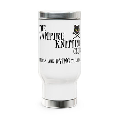 Vampire Knitting Club Stainless Steel Travel Mug with Handle, 14oz. Exclusive Vampire Knitting Club merchandise from Nancy Warren.