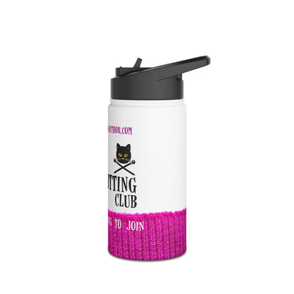 A white insulated water bottle with a black flip-top lid, featuring a pink knit-texture lower section and a black cat logo with the words 'VAMPIRE KNITTING CLUB'.