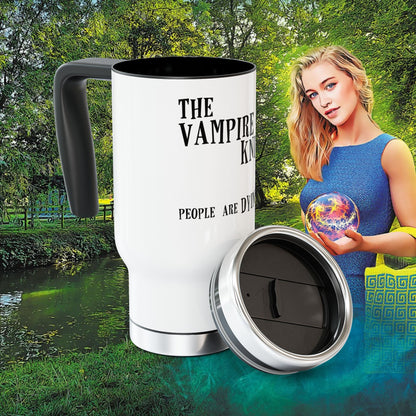 Vampire Knitting Club Stainless Steel Travel Mug with Handle, 14oz. Exclusive Vampire Knitting Club merchandise from Nancy Warren.