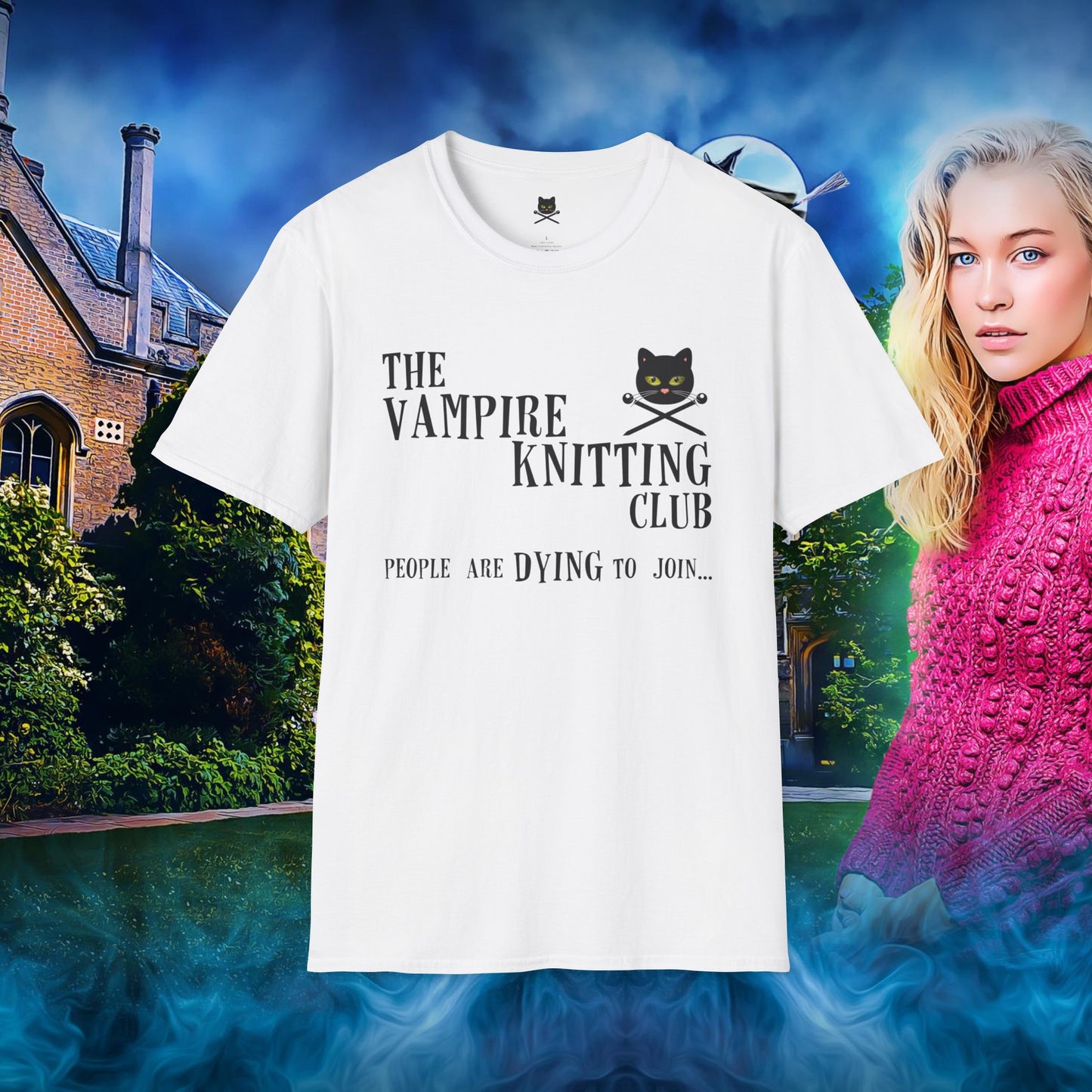 Vampire Knitting Club Unisex T-shirt: Dying to join (Black/White)