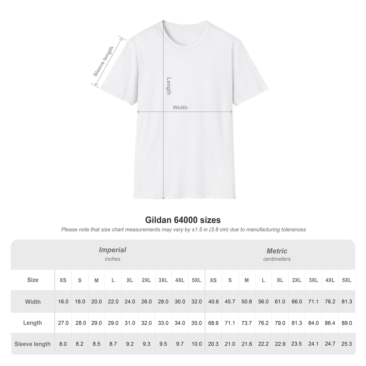 White t-shirt with size chart measurements on a white background