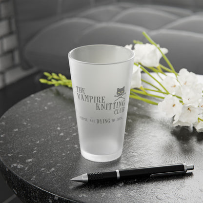 Vampire Knitting Club Frosted Pint Glass, 16oz. Exclusive Vampire Knitting Club merchandise from Nancy Warren.