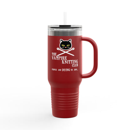 Vampire Knitting Club Insulated Large Travel Mug, 40oz (6 different colors). Exclusive Vampire Knitting Club merchandise from Nancy Warren.