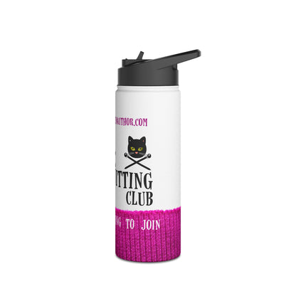 A white insulated water bottle with a black flip-top lid, featuring a pink knit-texture lower section and a black cat logo with the words 'VAMPIRE KNITTING CLUB'.