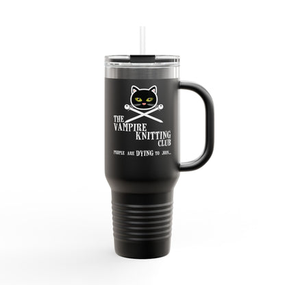 Vampire Knitting Club Insulated Large Travel Mug, 40oz (6 different colors). Exclusive Vampire Knitting Club merchandise from Nancy Warren.