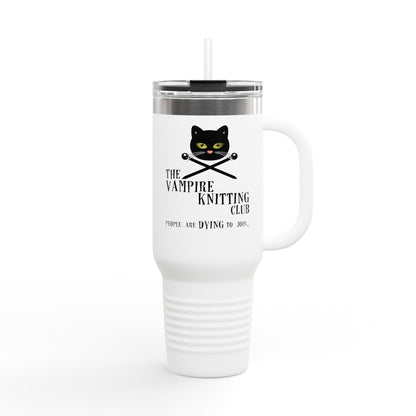 Vampire Knitting Club Insulated Large Travel Mug, 40oz (6 different colors). Exclusive Vampire Knitting Club merchandise from Nancy Warren.