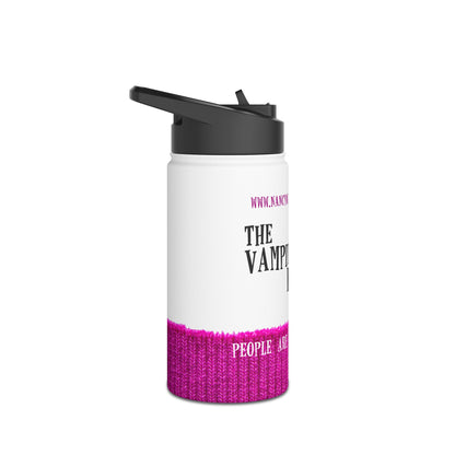 A white insulated travel tumbler with a black flip-top lid, featuring a printed design with a bright pink knit-texture band at the bottom and black and pink text on the front.
