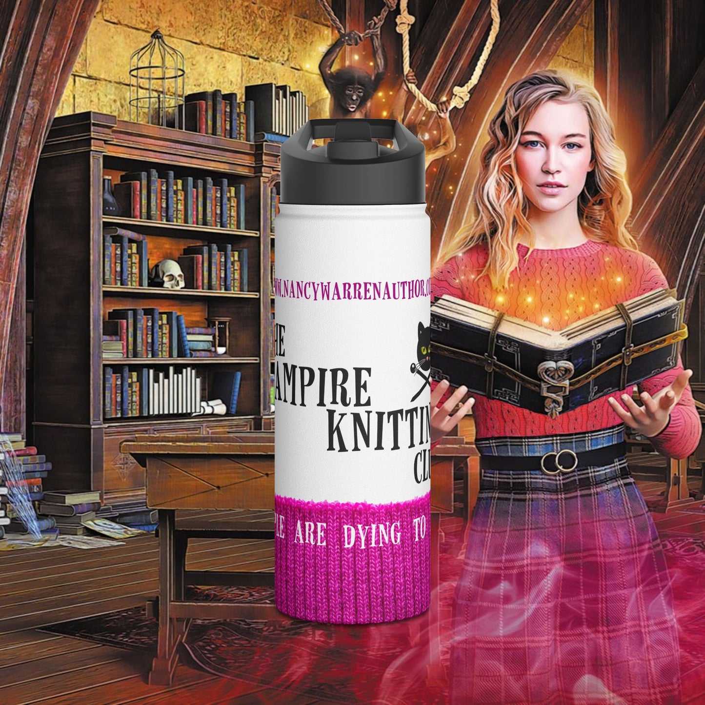 A white insulated tumbler with a black lid and pink-and-purple printed text stands in front of a fantasy-style scene showing a woman holding an open glowing book in a library-like room.