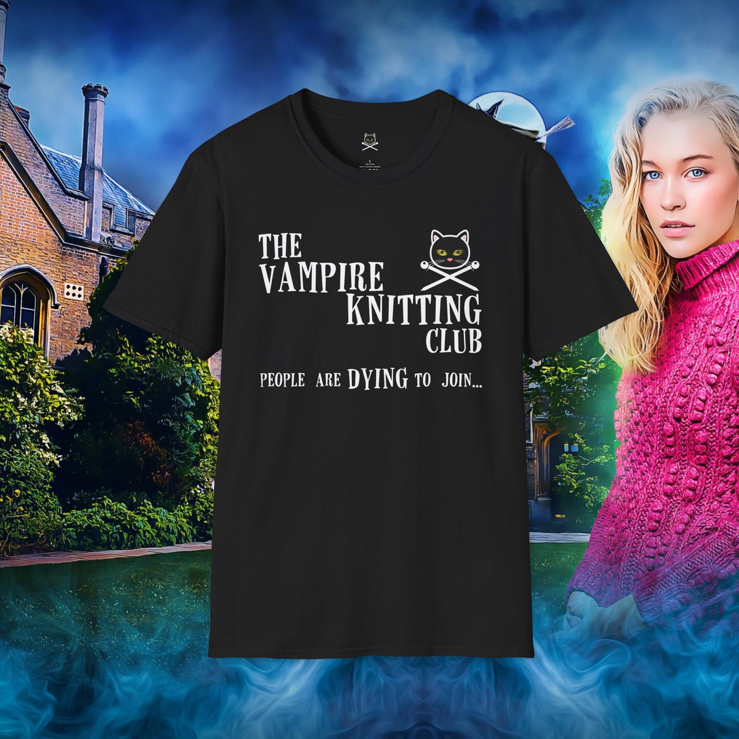 Vampire Knitting Club Unisex T-shirt: Dying to join (Black/White)