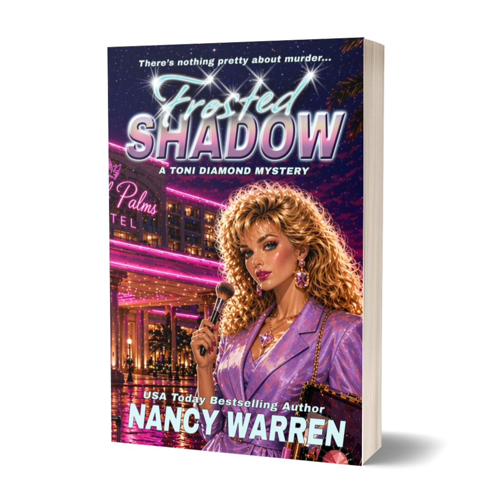 Book cover of 'Frosted Shadow' by Nancy Warren with a woman holding a gun in front of a neon-lit hotel.