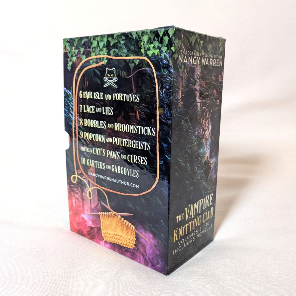 Book box for 'The Vampire Knitting Club' series with colorful design and text.