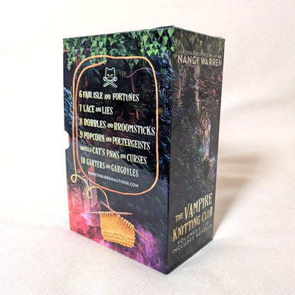 Book box for 'The Vampire Knitting Club' series with colorful design and text.