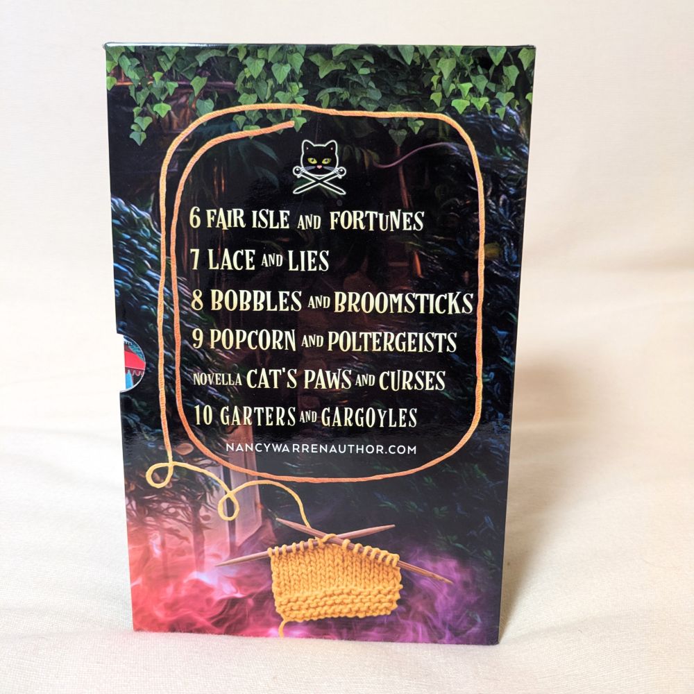 Book cover with text and a knitted item on a white background