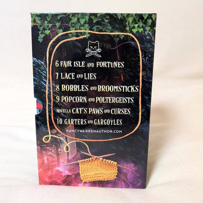 Book cover with text and a knitted item on a white background