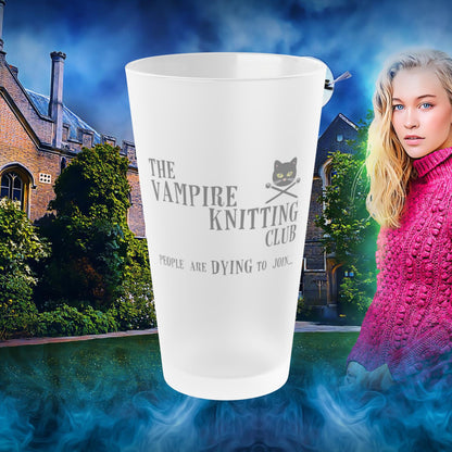 Vampire Knitting Club Frosted Pint Glass, 16oz. Exclusive Vampire Knitting Club merchandise from Nancy Warren.