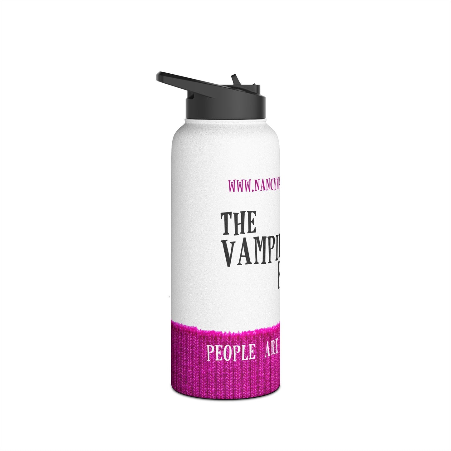 A white insulated water bottle with a black flip-top lid, featuring a pink textured knit-style band at the bottom and black and pink printed text on the front, shown on a plain white background.