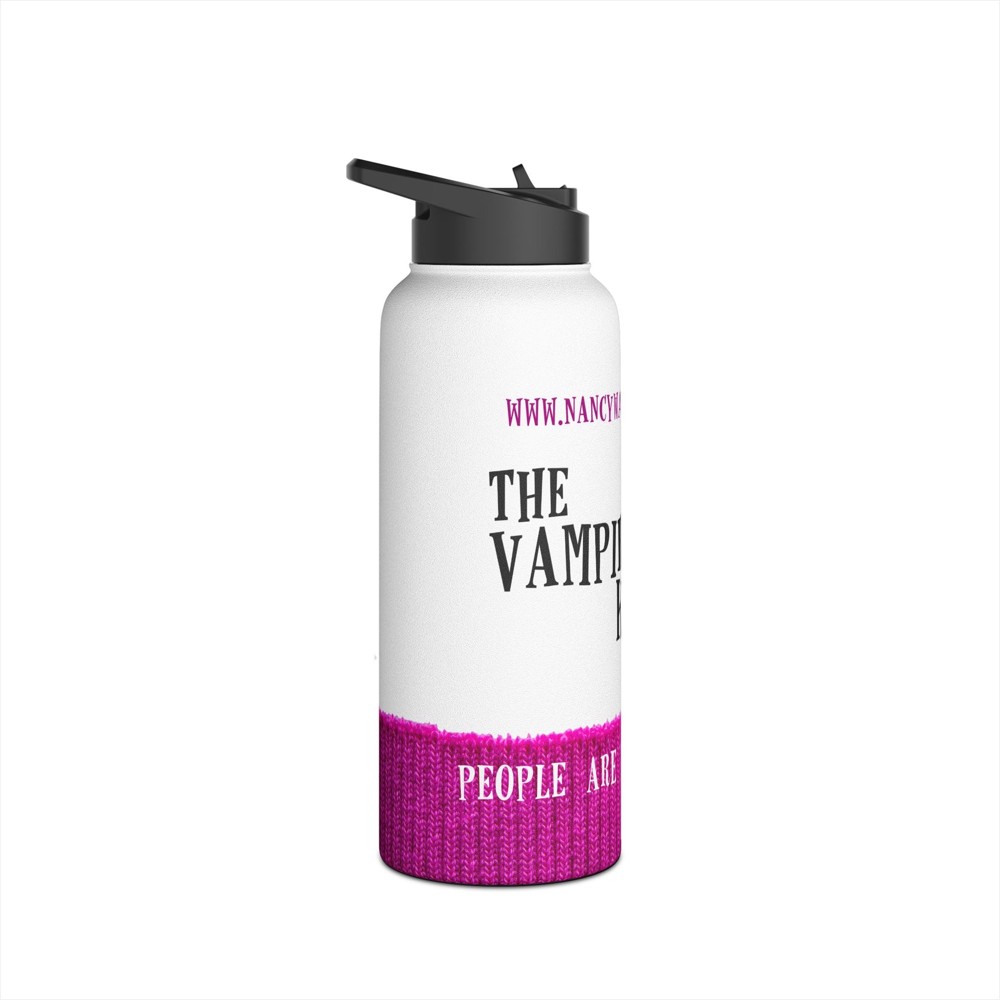 A white insulated water bottle with a black flip-top lid, featuring a pink textured knit-style band at the bottom and black and pink printed text on the front, shown on a plain white background.