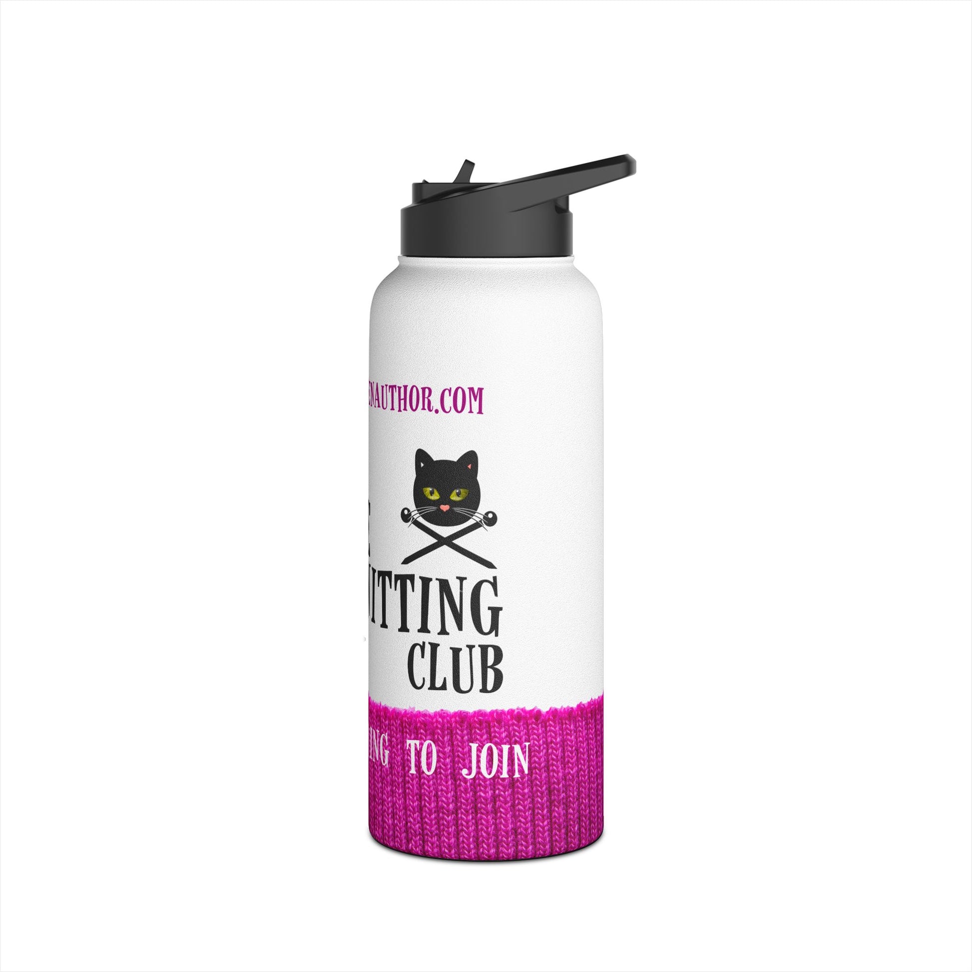 A white insulated water bottle with a black flip-top lid, featuring a pink knit-texture lower section and a black cat logo with the words 'VAMPIRE KNITTING CLUB'.