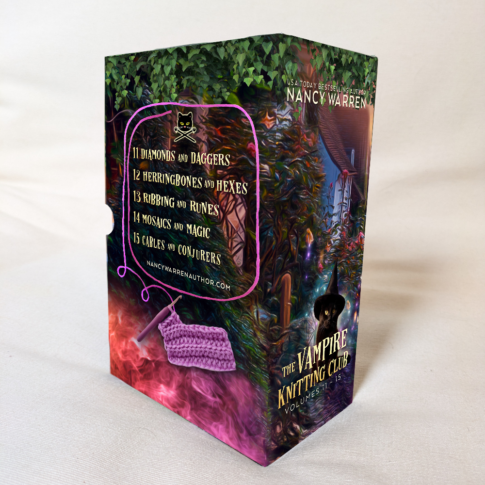 Book titled 'The Vampire Knitting Club' by Nancy Warren on a white background