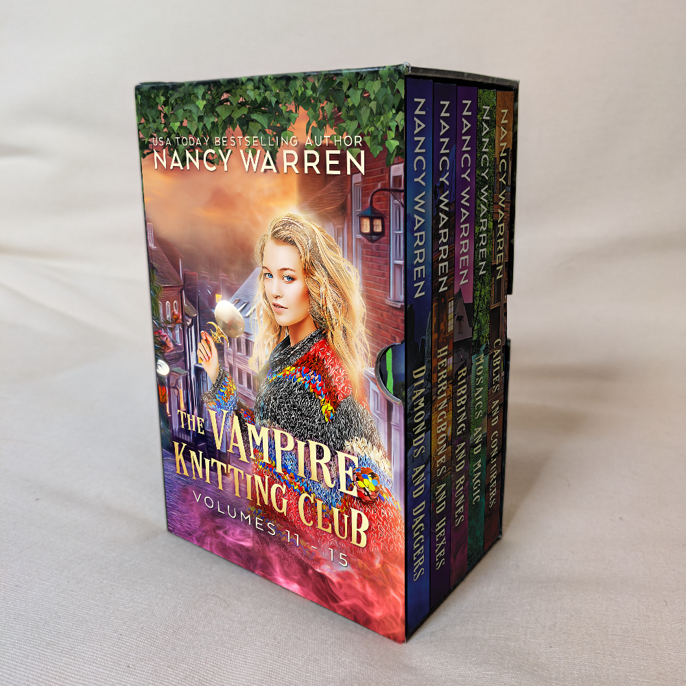 Box set of 'The Vampire Knitting Club' books by Nancy Warren on a light background
