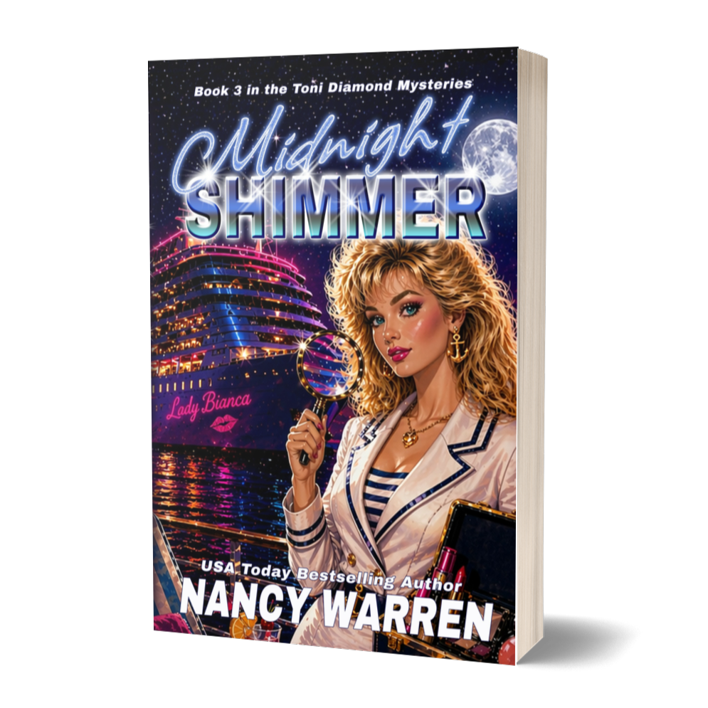 Book cover of 'Midnight Shimmer' by Nancy Warren with a cityscape and character illustration.