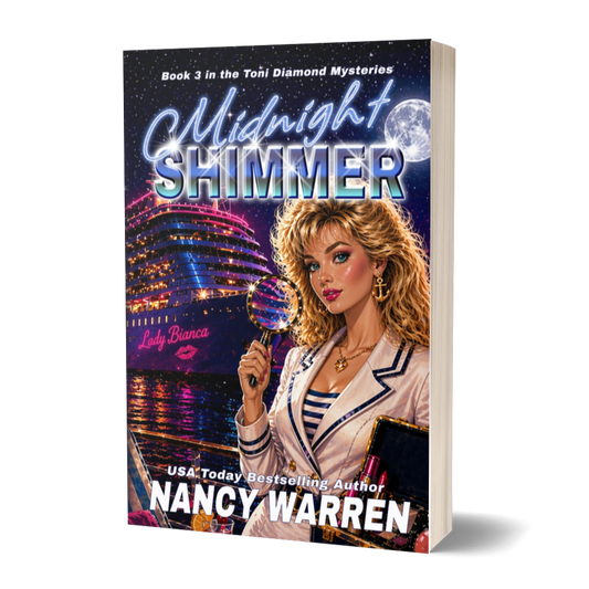 Book cover of 'Midnight Shimmer' by Nancy Warren with a cityscape and character illustration.