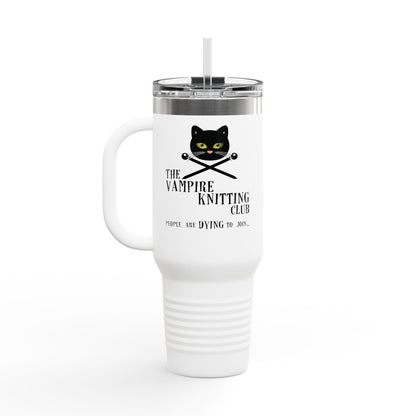 Vampire Knitting Club Insulated Large Travel Mug, 40oz (6 different colors). Exclusive Vampire Knitting Club merchandise from Nancy Warren.