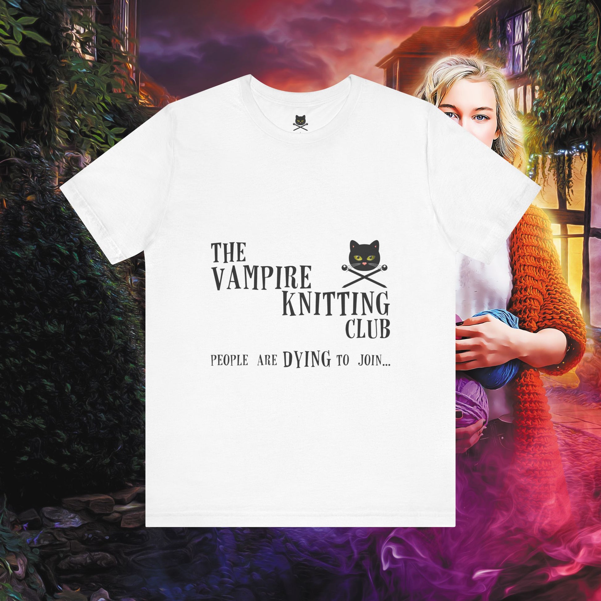 Vampire Knitting Club Unisex T-Shirt - Dying to Join Exclusive Vampire Knitting Club merchandise by Nancy Warren
