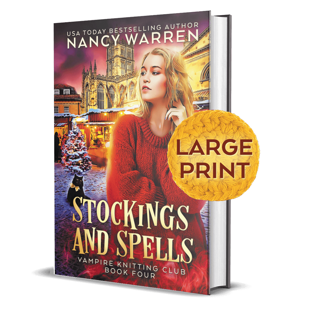 Stockings and Spells, book 4 (Large Print Hardcover) is a large print edition of a Vampire Knitting Club paranormal cozy mystery by bestselling author Nancy Warren.