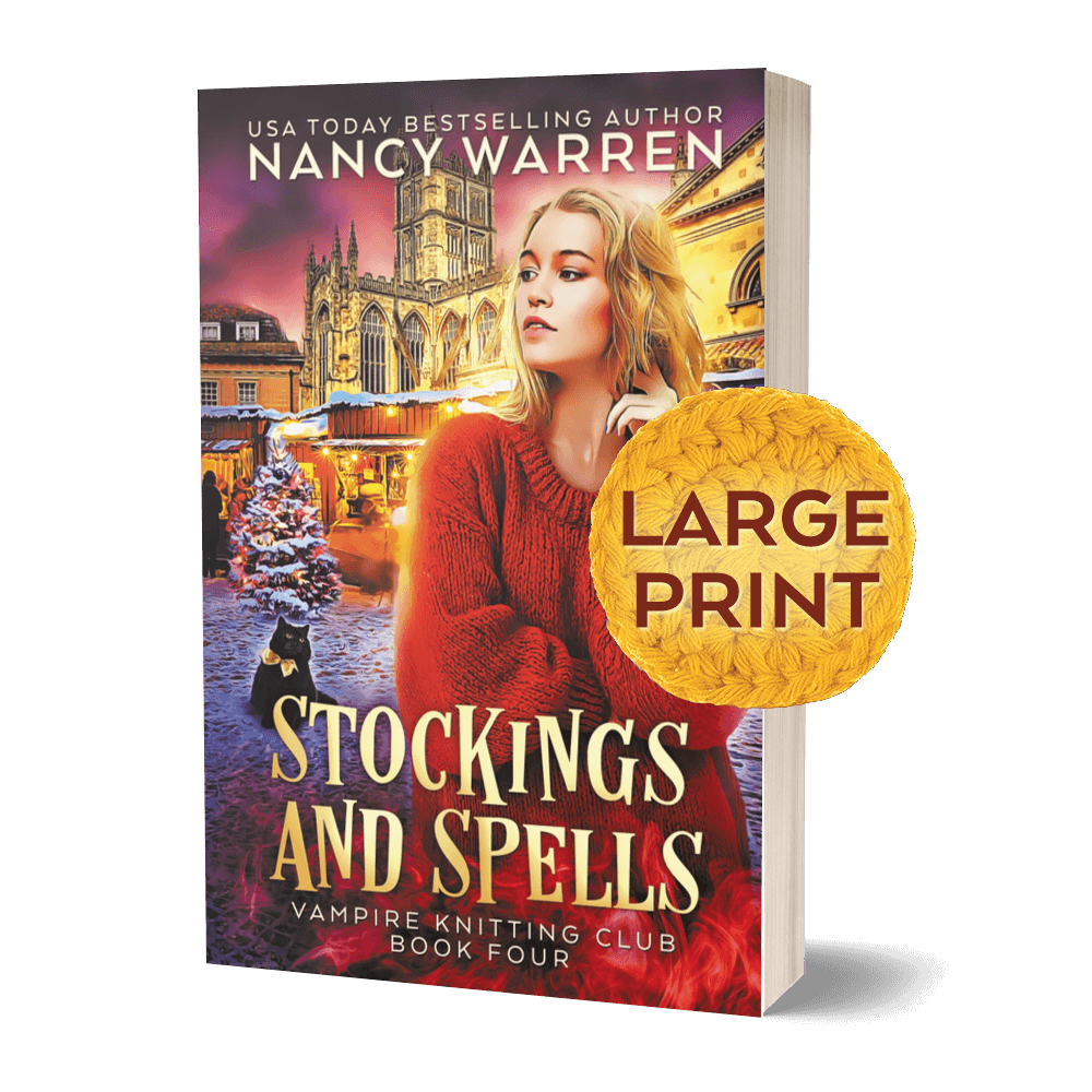 Stockings and Spells, book 4 (Large Print) is a large print edition of a Vampire Knitting Club paranormal cozy mystery by bestselling author Nancy Warren.