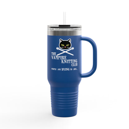 Vampire Knitting Club Insulated Large Travel Mug, 40oz (6 different colors). Exclusive Vampire Knitting Club merchandise from Nancy Warren.