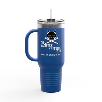 Vampire Knitting Club Insulated Large Travel Mug, 40oz (6 different colors). Exclusive Vampire Knitting Club merchandise from Nancy Warren.