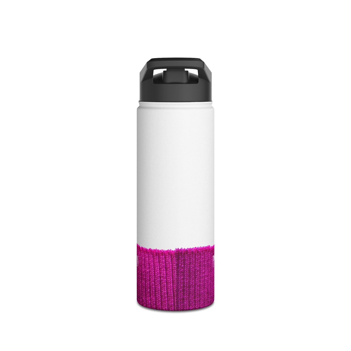 A reusable insulated water bottle with a white body, a bright pink knitted lower section, and a black flip-top lid, shown on a plain white background.