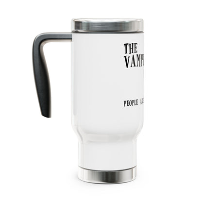 Vampire Knitting Club Stainless Steel Travel Mug with Handle, 14oz. Exclusive Vampire Knitting Club merchandise from Nancy Warren.